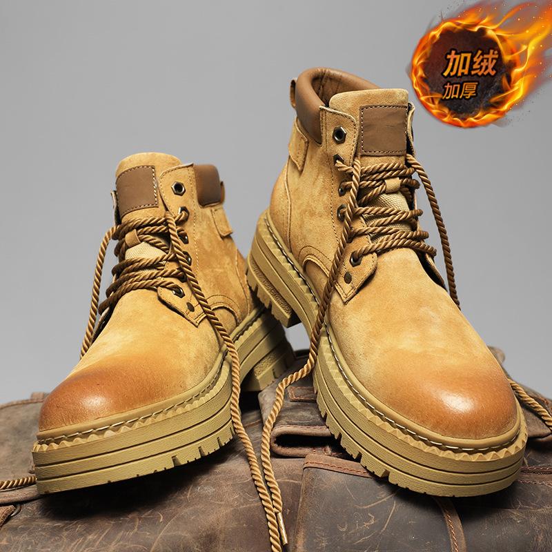 Martin Boots Men's Autumn British Retro Leather Heightening Locomotive Leather Boots Sports Big Head High Top Boots Velvet