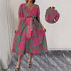 Spot 2026 Amazon Printed Belt V-Neck Dress Vacation French Retro