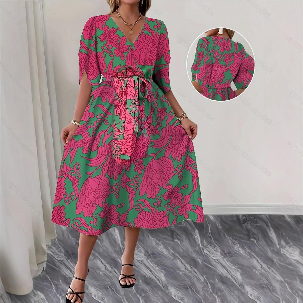 Women's V Neck Short Sleeve Floral Print Midi Dress Loose Fit Mid Waist Vintage Tie Belt Vacation A Line Dress