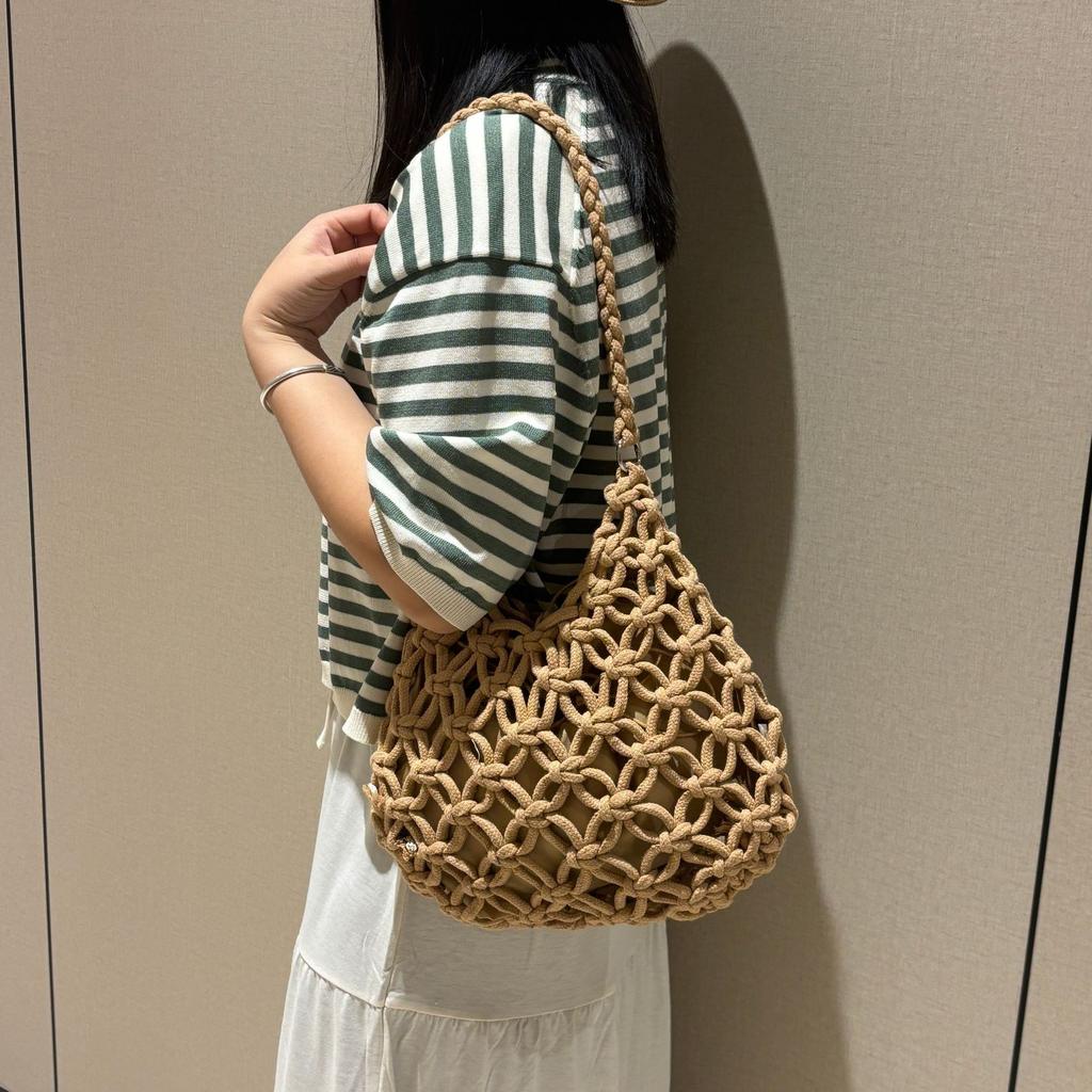 Summer Chic Solid Color Mesh Handbag Hollow Out Knitted Shoulder Bag Beach Tote Bag for Women
