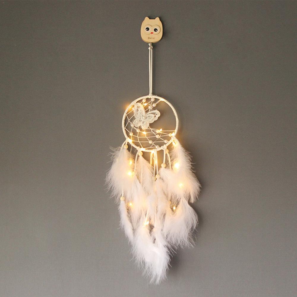 Girl Heart Dream Catcher National Feather Ornaments Lace Ribbons Feathers Wrapped Lights Girls Room Decor Dreamcatcher