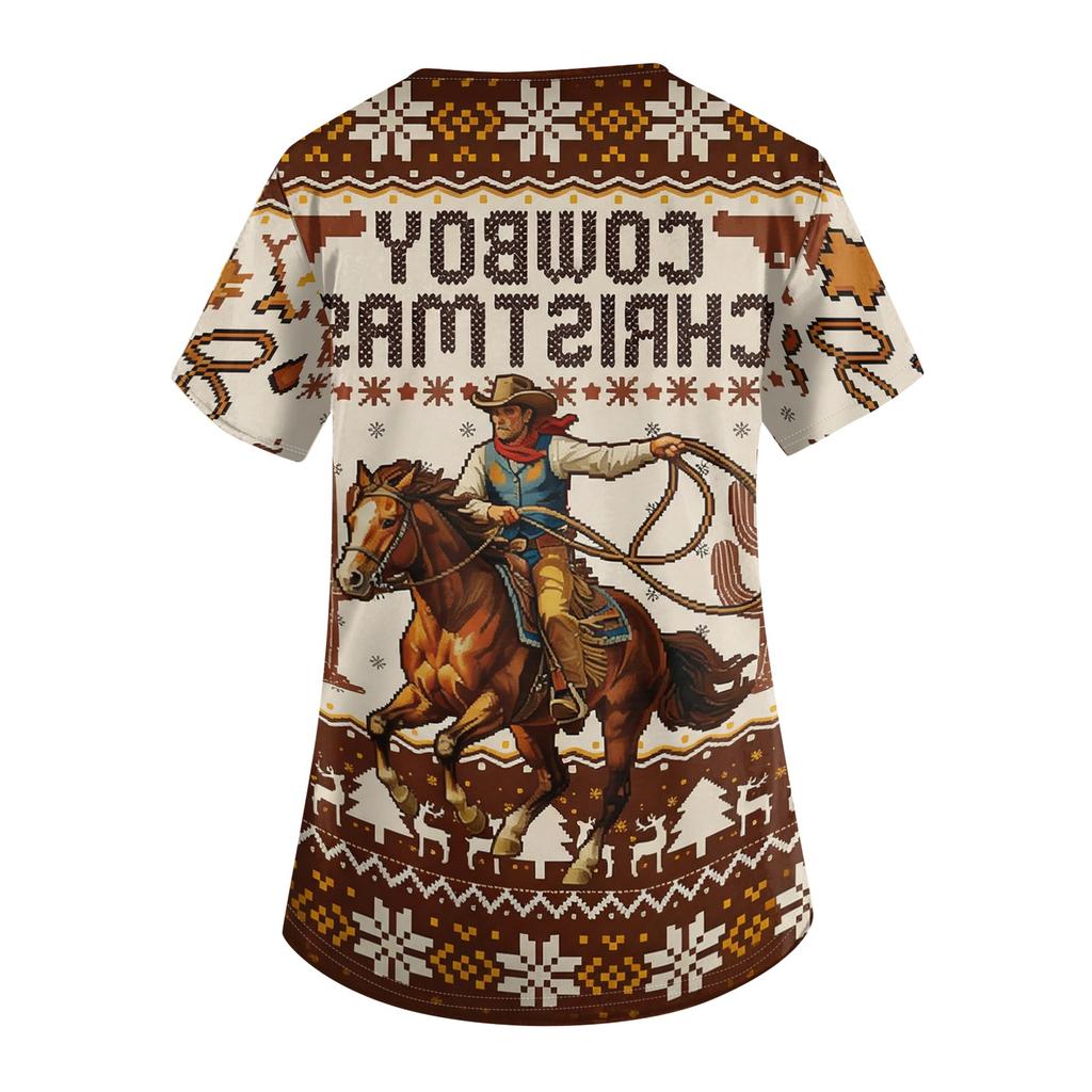 Women's Loose Fit Uniform Dress with Christmas Print V-Neck and Side Slit Short Sleeve
