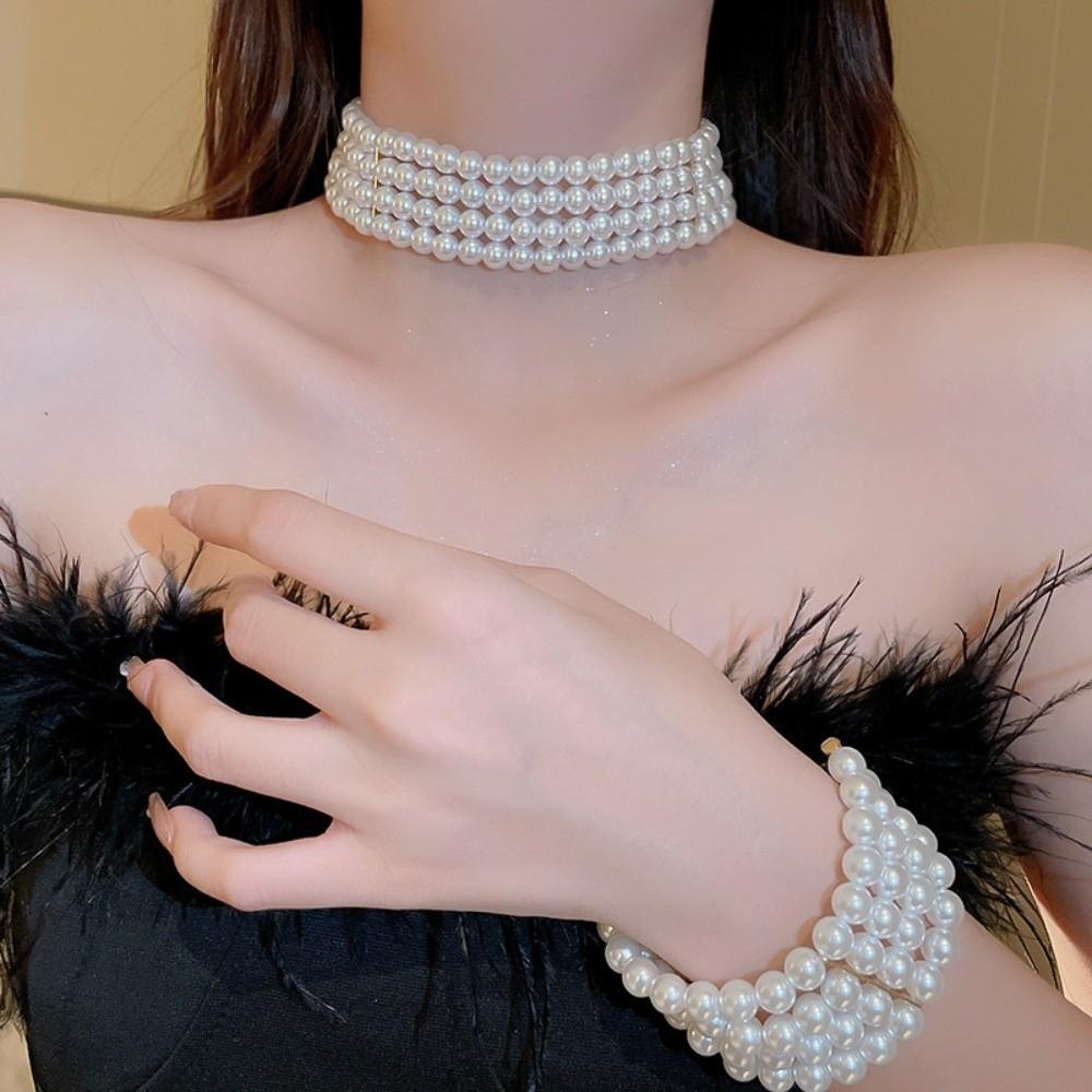 Ornaments Pearl Four Layer Necklace Fashion Jewelry Wide Cuff Bangles Versatile Bracelets Set Gift