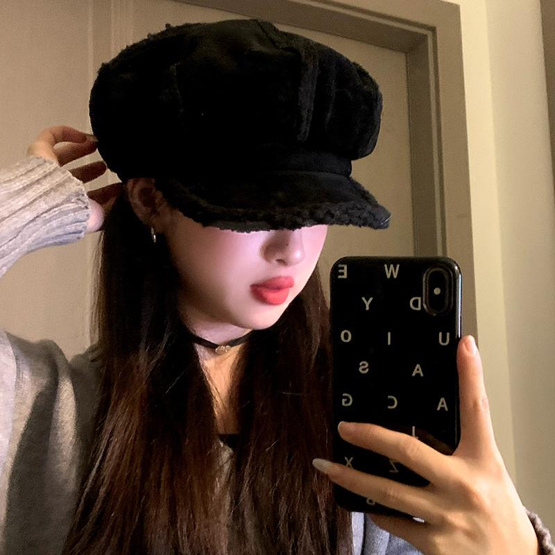 Suede beret children autumn and winter retro versatile duck tongue painter hat thickened warm face small octagonal hat