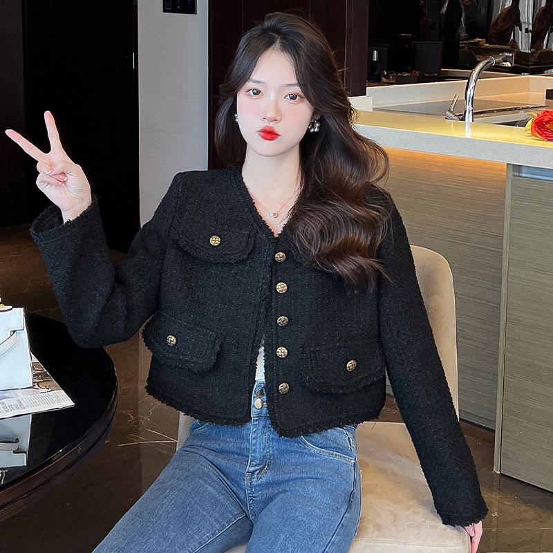 Real Shot Fashionable Women's Black Wool Xiang-Style Loose Short Jacket - Spring/Autumn Socialite Wear