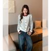 Vintage crew neck striped splicing contrasting color long-sleeved knitted cardigan women's autumn loose and thin sweater jacket