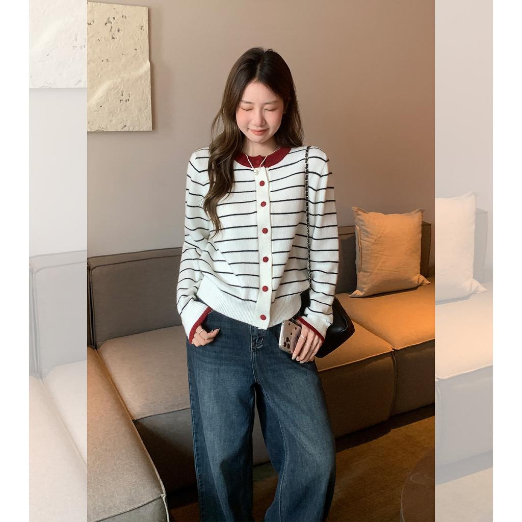 Vintage crew neck striped splicing contrasting color long-sleeved knitted cardigan women's autumn loose and thin sweater jacket