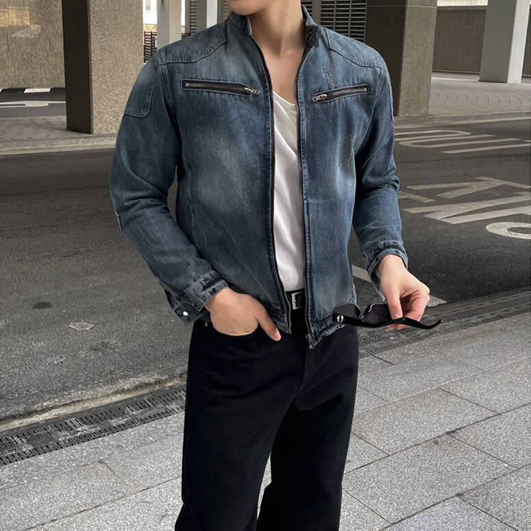 

Мужская короткая куртка в стиле ретро, осенняя, свободного кроя, с воротником-стойкой, в корейском стиле, модная, красивая джинсовая куртка 2XL синий