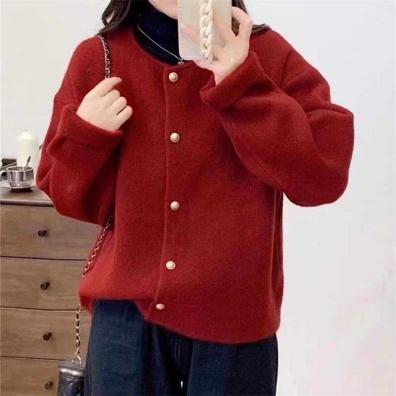 Autumn and winter new round neck solid color knitted cardigan loose lazy soft waxy sweater women's coat tide