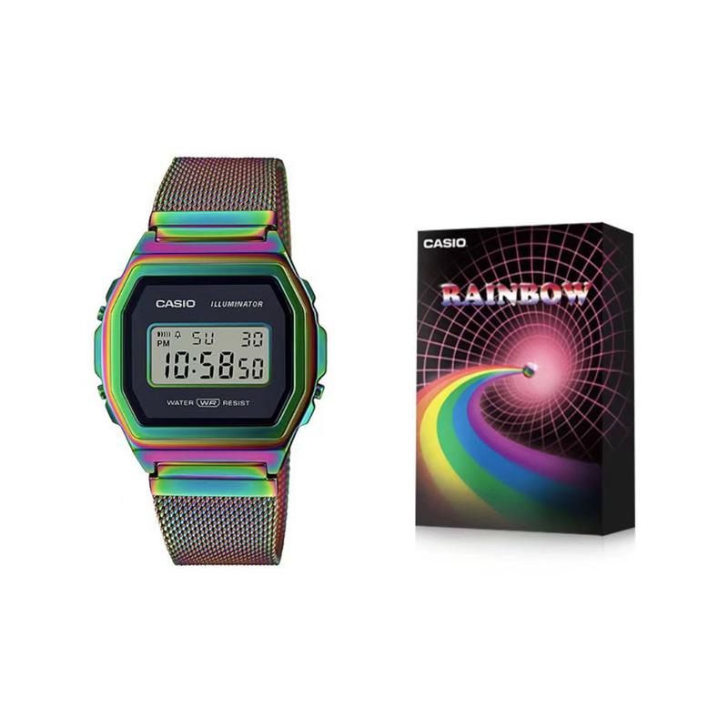 

Casio VINTAGE series-square retro metal small square sports watch rainbow color quartz movement stainless steel fabric strap Japanese A1000PRW-1PRD