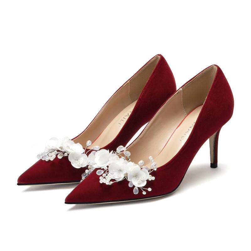 Wedding Shoes Women's 2024 Main Wedding Dress White High Heels Burgundy Xiuhe Bridal Shoes Mid Heel Plus Size Single Shoes