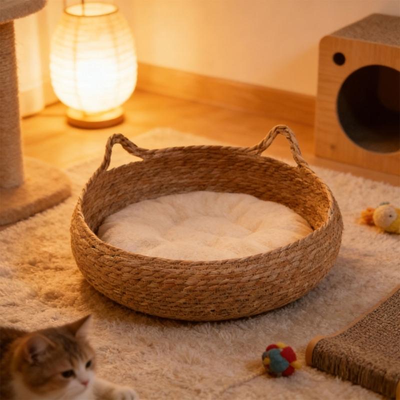 Small Pet Bed Woven Cats Nest with Straw Round Handwoven Cats Basket Bed for Indoor Use and Small Dogs Breathable