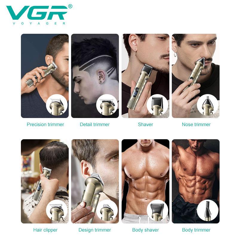VGR 110 Cortapelos Multifuncional 6 en 1, Cuerpo Metálico Retro Recortador de Vello Corporal Empujador de Tallado para el Hogar, Recortador de Vello Nasal Afeitadora de Cabello Pantalla Digital Afeitadora