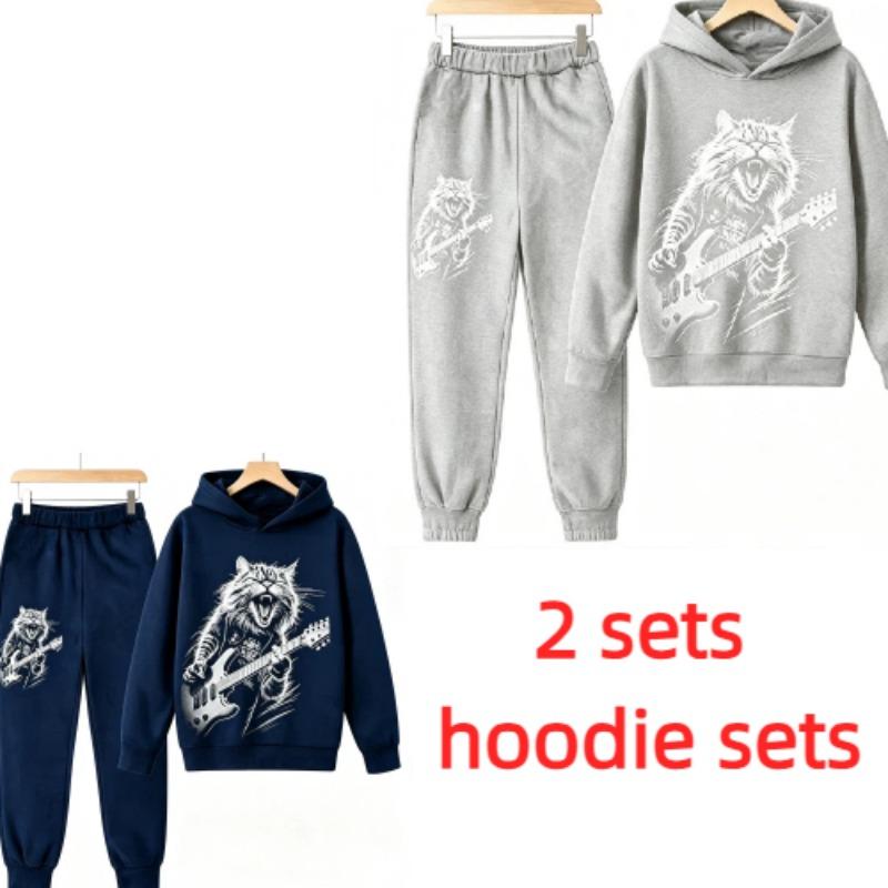 Fashion Rock Cat Guitar Player Animal Cat Print Kids Pullovers Pants 2-piece Set Street Casual Fashion Hoodies Vintage Boy's Girl Clothes