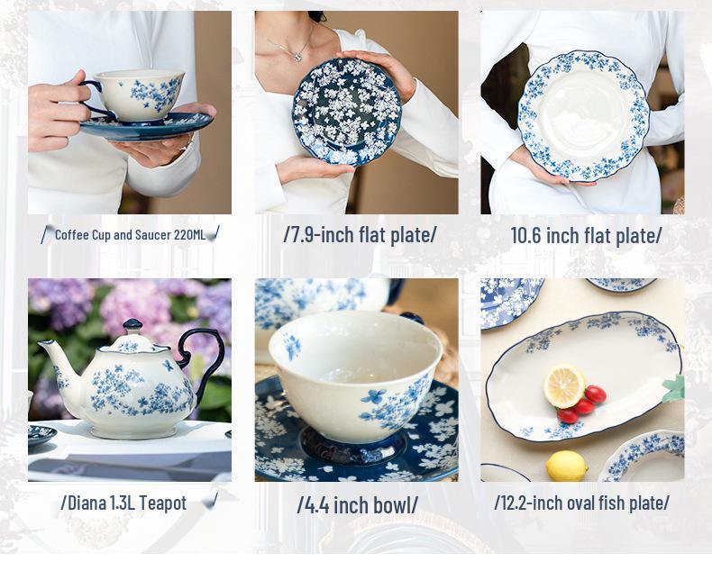 Shunxiang Jialan English Retro Ceramic Bowl & Plate Set - Underglaze Tableware for Soup & Rice.