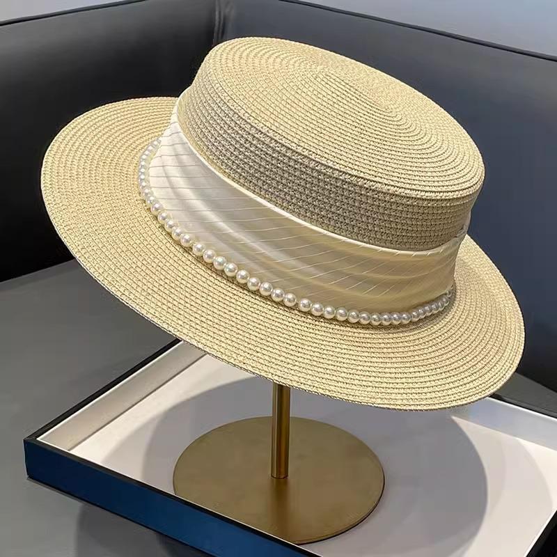 Women's Summer French Vintage Flat Top Lady Style Dress Hat Wide Brim Breathable Sun Protection Sun Hat for Outings