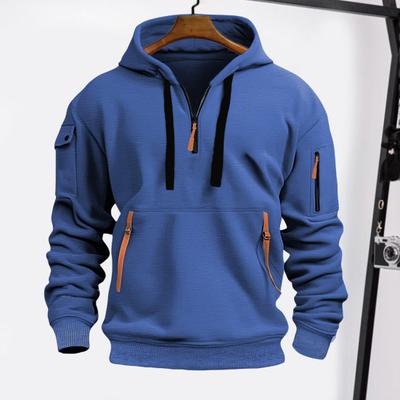 Men Hoodie Zipper And Strap Decor Drawstring Hooded Top Fall Spring Winter Patchwork
