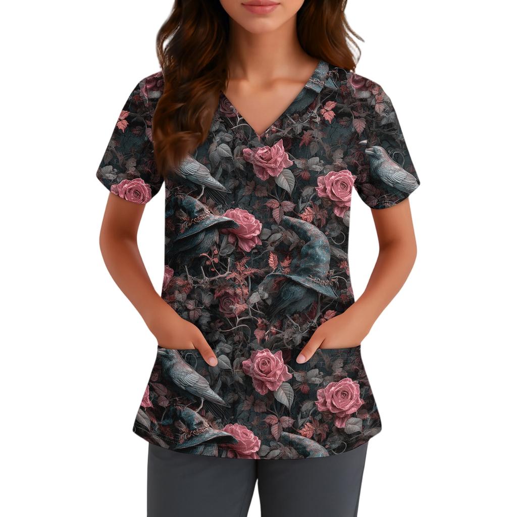 Haut d'uniforme médical à manches courtes et col en V pour femme avec poches Chapeau de sorcière d'Halloween et imprimé Uniforme de travail pour infirmière aide-soignante