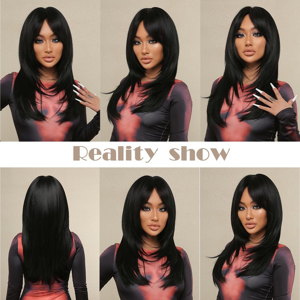 Schwarze lange synthetische Perücken mit Pony, geschichtete, glatte Perücken, hitzebeständig für schwarze Frauen, Afro-Party, Cosplay, natürliche weibliche Perücke