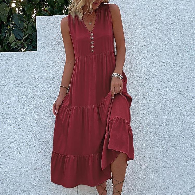 Robe d'été pour femme, coupe trapèze, longueur genou, sans manches, couleur unie, col en V