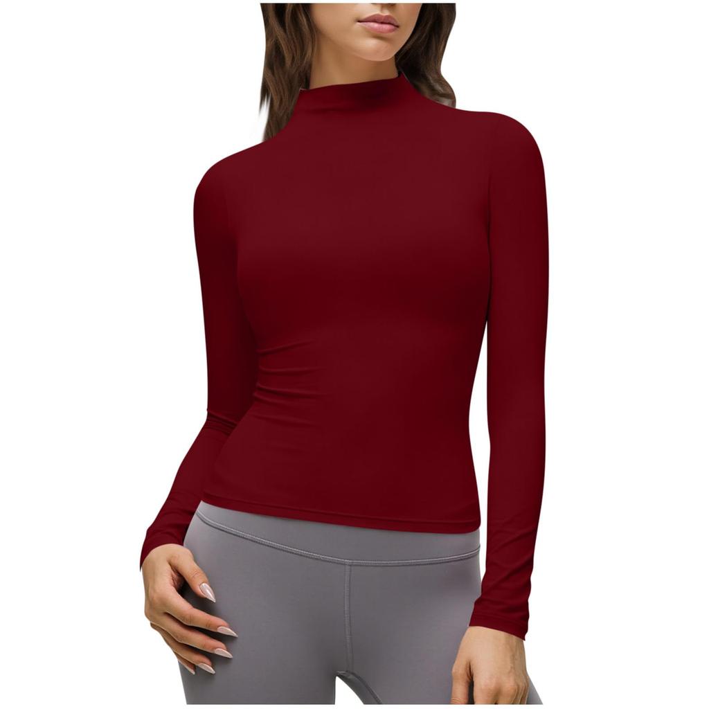 Women's Casual Long-Sleeve Semi-Turtleneck Fitted Stretch T-Shirt