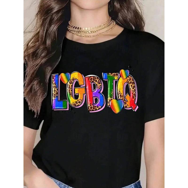 Women's T-Sleeve Rainbow Letter Pattern Printing Retro Fashion Round Neck Short-Sleeved Women's Clothing