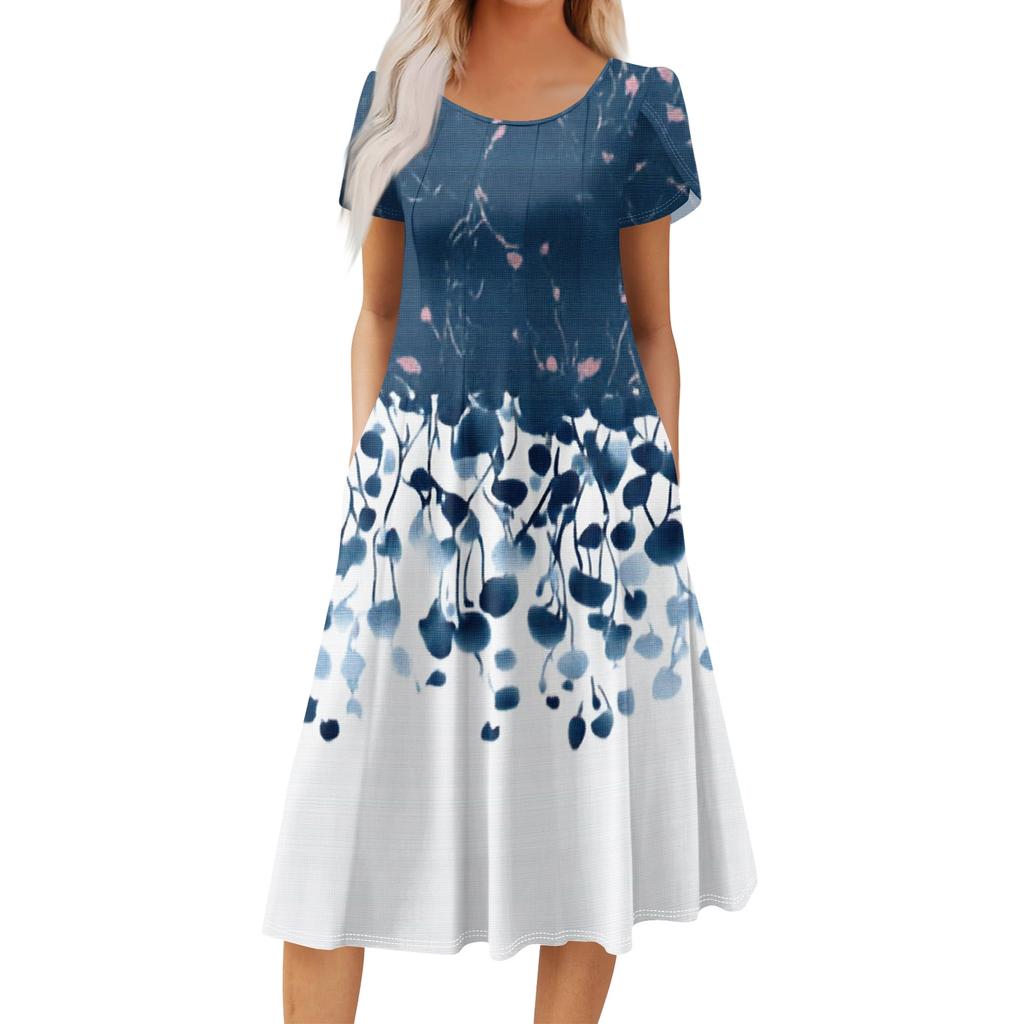 Women's Casual Fashion Round Neck Printed Short Sleeve Pocket Dress