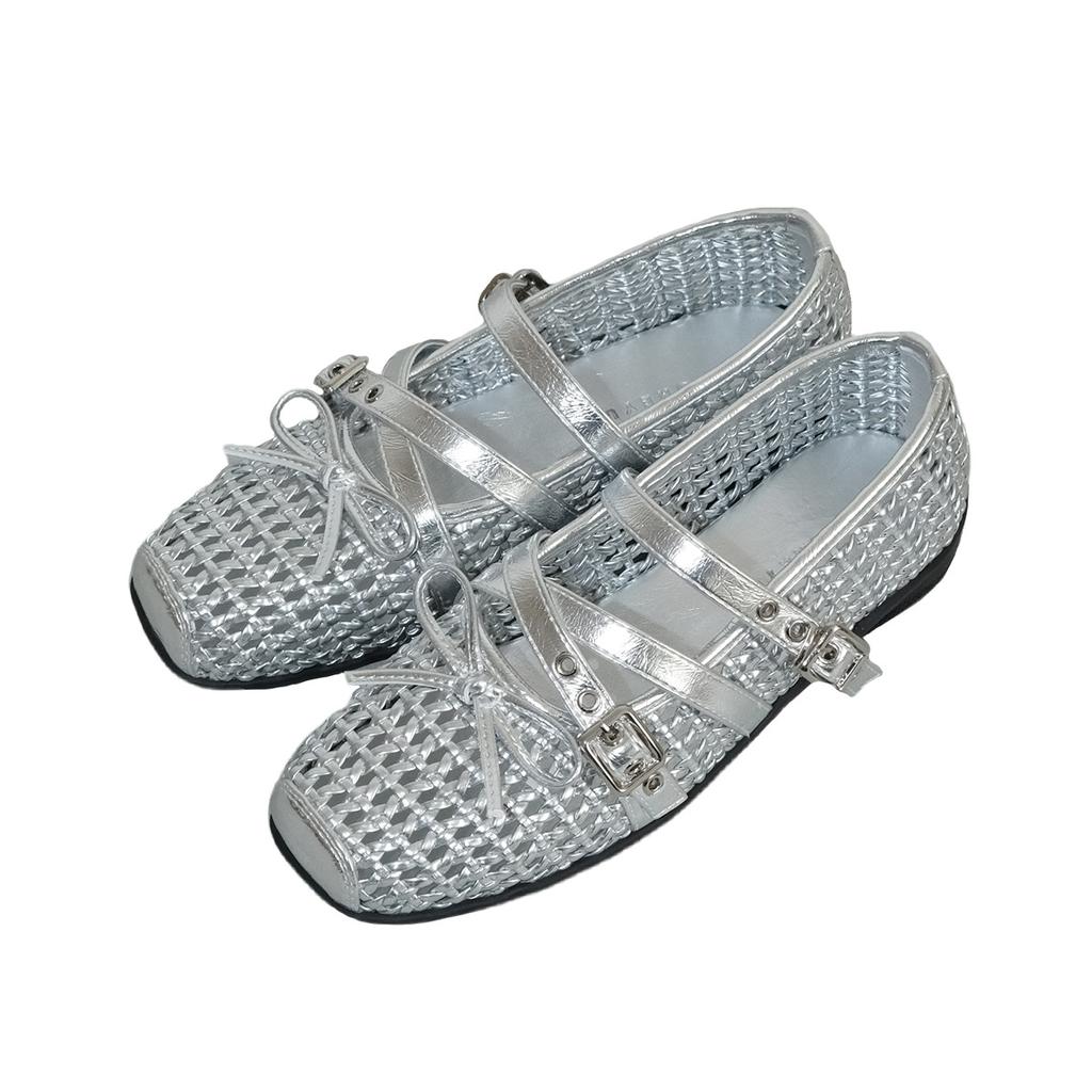 Sheepskin version~ New silver single shoes women's retro Mary Jane mesh breathable bow ballet flats women