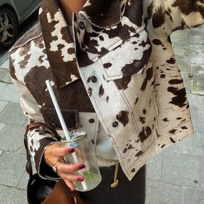 Damenmode Bedruckte Kurze Lederjacke Umlegekragen Langarm Mäntel Herbst Einreihig High Street Oberbekleidung