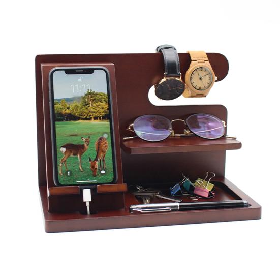 Phone Holder Stable Multifunctional Wooden Phone Organizer Key Wallet Watch Storage Shelf for Bedside Table