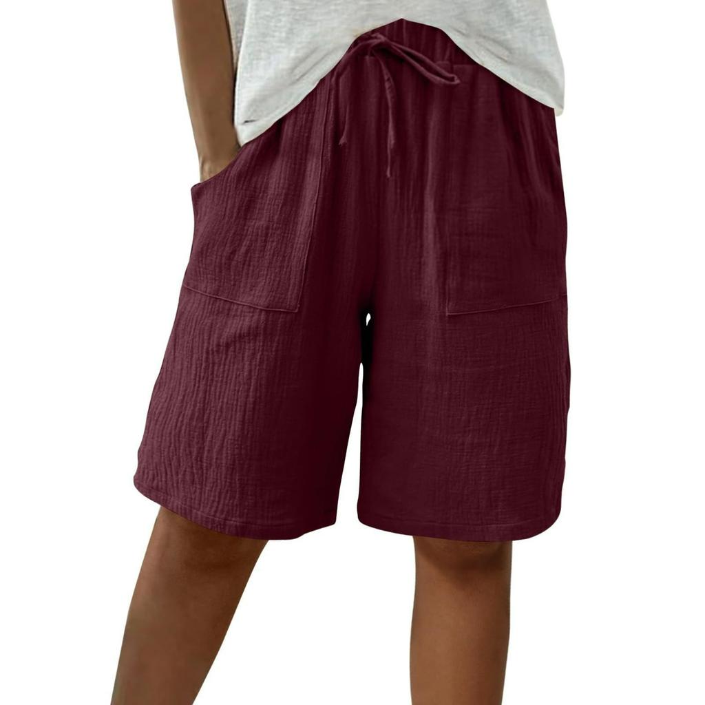 Women's Summer Cotton and Linen Solid Color Straps Loose Casual Five-point Shorts