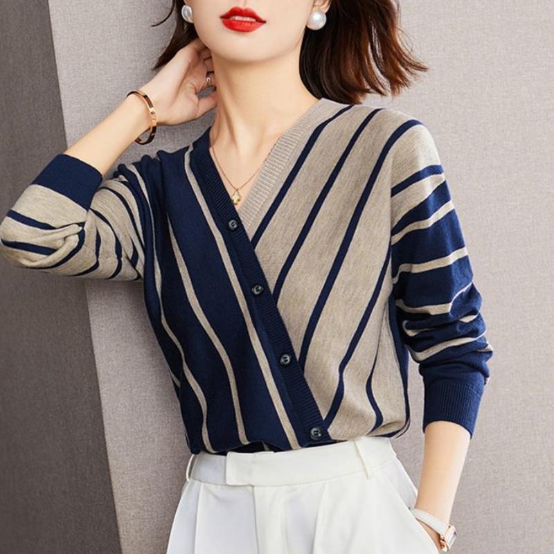 Women's Autumn and Winter Elegant and Versatile Temperament Clothing Splice Button V-Neck Long Sleeve Stripe Pullover