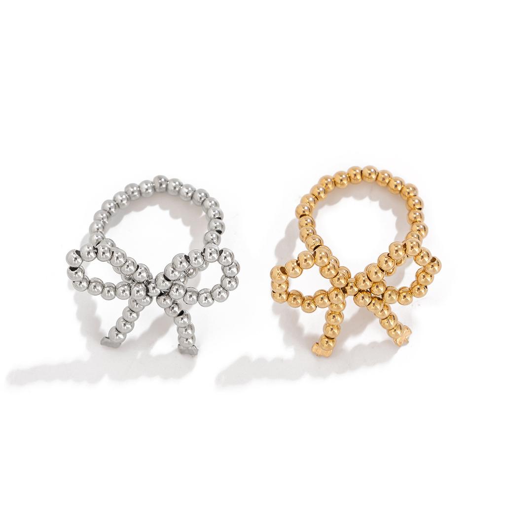 Sweet Cool Wind Metal Ribbon Bow Ring Temperament Pearl Open Ring Bow Rings