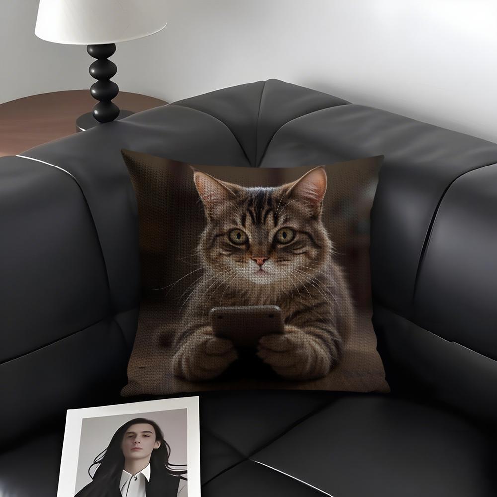 Cute Cat Playing Phone Cushion Cover Natural Linen Organic Fabric DoubleSided Printing Sofa Home Decor Gift Pillow Case