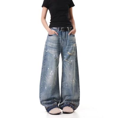 JYL Unisex Straight Jeans American Splash Niche Design Loose Casual Denim Pants