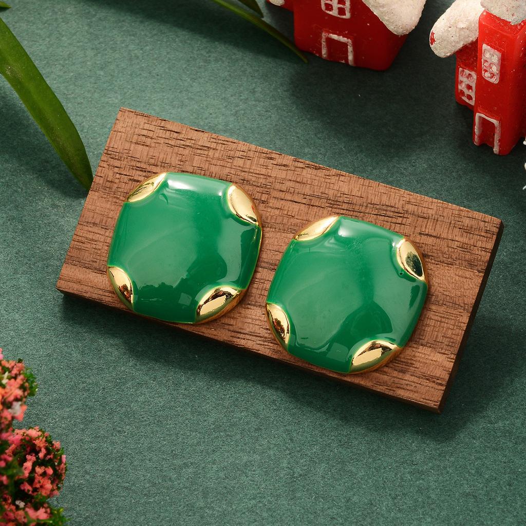 Christmas black and green square earrings medieval Vintage jewelry fashion premium alloy plated 14K gold light luxury stud earrings