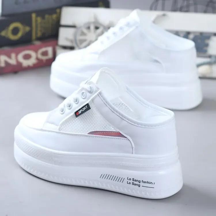 Fashion Summer Thick-soled Inner Heightening Half-drag Canvas Shoes Women's Muffin  A Pedal Lazy Shoes Women Casual Breathable Slippers