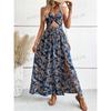 Women's Summer New Style Hollow Twisted Pleated Halter Printed Dress Temperament Romantic Beach Casual Long Skirt