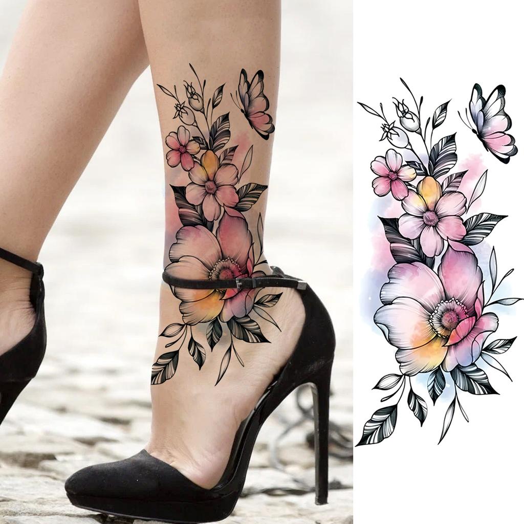 1 Sheet Colorful 3D Rose Flower Butterfly Temporary Tattoos For Women Adults Hand Foot, Waterproof Realistic Fake Tattoo Sticker