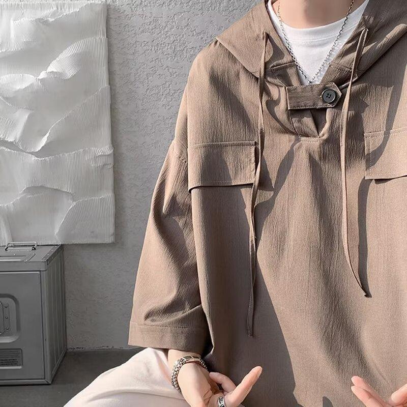 Sommer Kapuzen T-Shirt Herren Koreanisch Halbarm Pullover Streetwear Lockeres T-Shirt Oberteile Kordelzug Herrenbekleidung