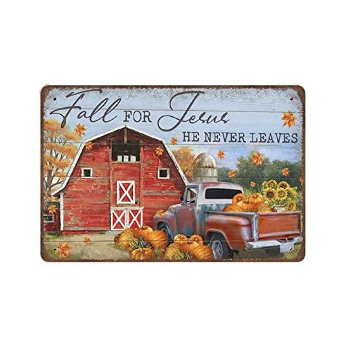 Retro Thick Metal Tin SignRed Barn And Pumpkins Fall For Jesus He Never Leaves Jesus Tin Sign Novelty PostersHome Deco sign