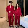 Fashionable Red Wedding Couple Pajamas: Women's Ice Silk Long Sleeve Set & Men's Casual Homewear for Spring/Autumn