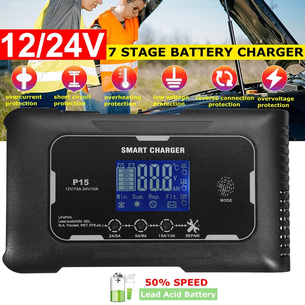 Black Car Battery Charger Pulse Repair Automatic Charging 12V 15A / 24V 10A For Car Motorcycle Lead Acid Battery AGM Gel Wet EFB