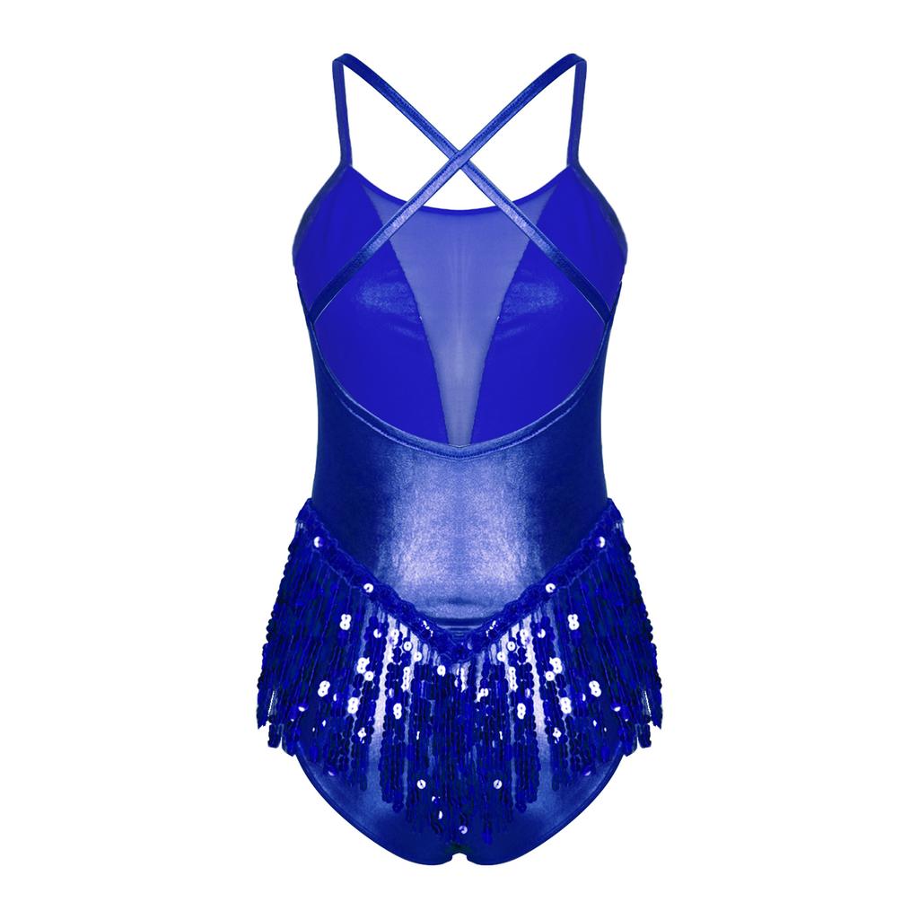 Women Cha-cha Samba Performance Leotard Cross Back Sequins Fringe Bodysuit for Latin Dance Stage Costume