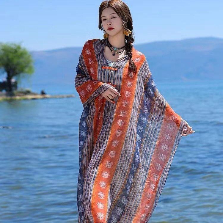 Women's Retro Ethnic Silk Scarf with Frog Button Shawl for Sun Protection