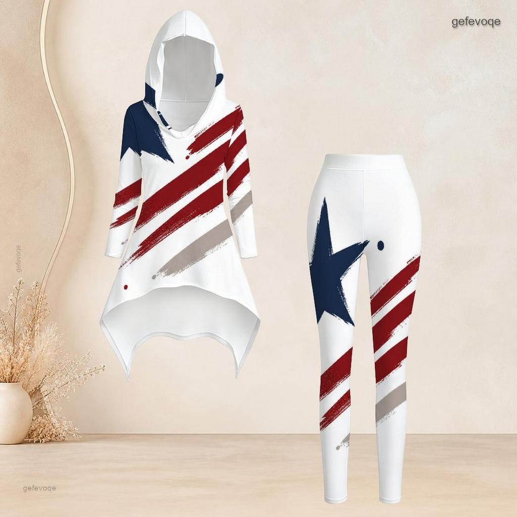 Women Plus Size Hooded Long Sleeve Printed High Low Top And Fitted Pants Two Piece Set