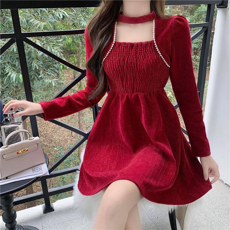 

Платье Весна и Осень Новогоднее Маленькое Красное Платье Рождественское Платье S