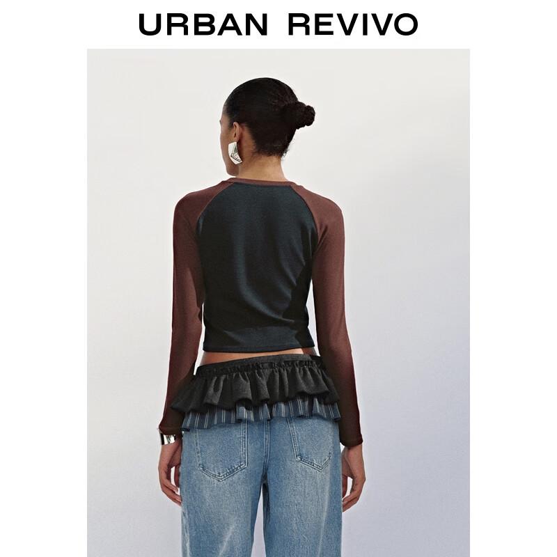 UR 2025 Autumn Women's Retro Print Colorblock Slim T-shirt