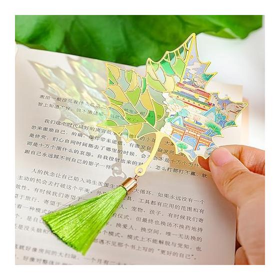 TARATI Refrigerator Magnets, Bookmarks, Metal, Translucent Design, Leaf Motif, Stained Glass Style, Tassel, Bookmark & Refrigerator Magnet, Japanese