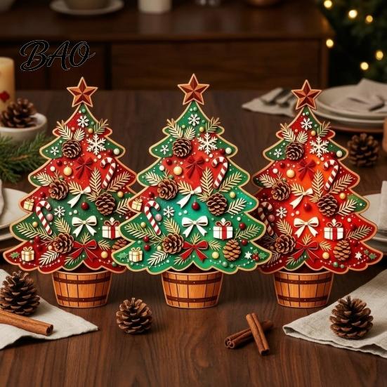 Small Wooden Holiday Decorations Christmas Tree Ornaments, Vintage Colorful Desktop Decoration, Rustic Wood Figurines Indoor Decoration Items